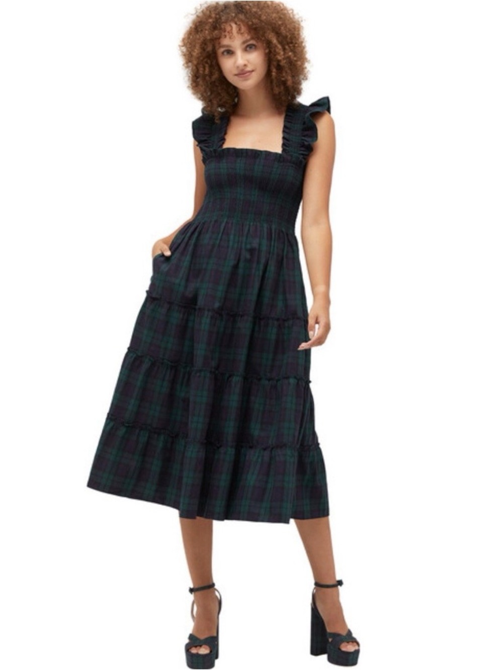 J. Crew Smocked Square-Neck Tiered Midi Dress in Dark Green Plaid